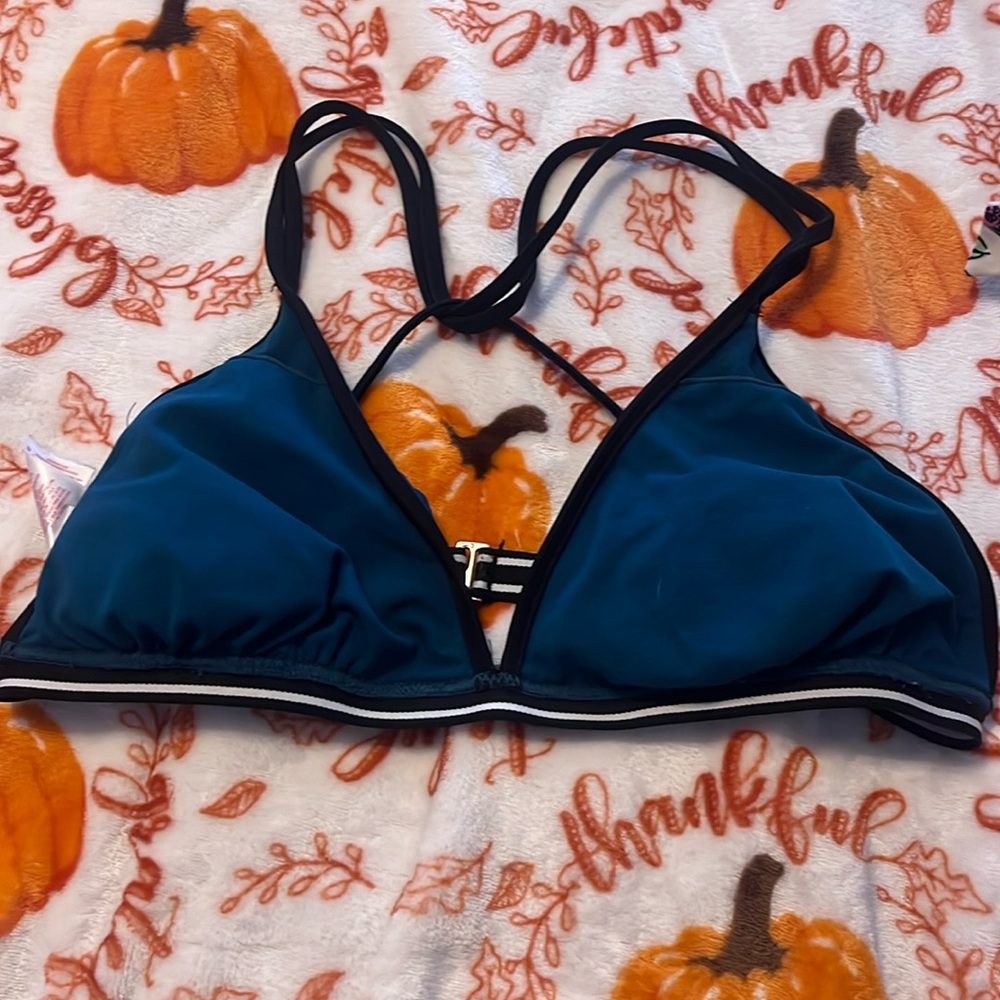 Blue black and white swim top